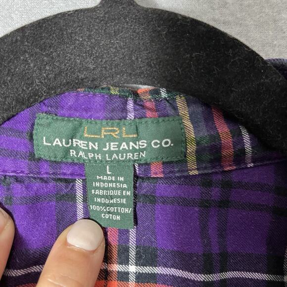 LRL‎ Lauren Jeans Co. Ralph Lauren SZ L Purple Plaid Cotton Shirt Button-Up - Picture 3 of 9